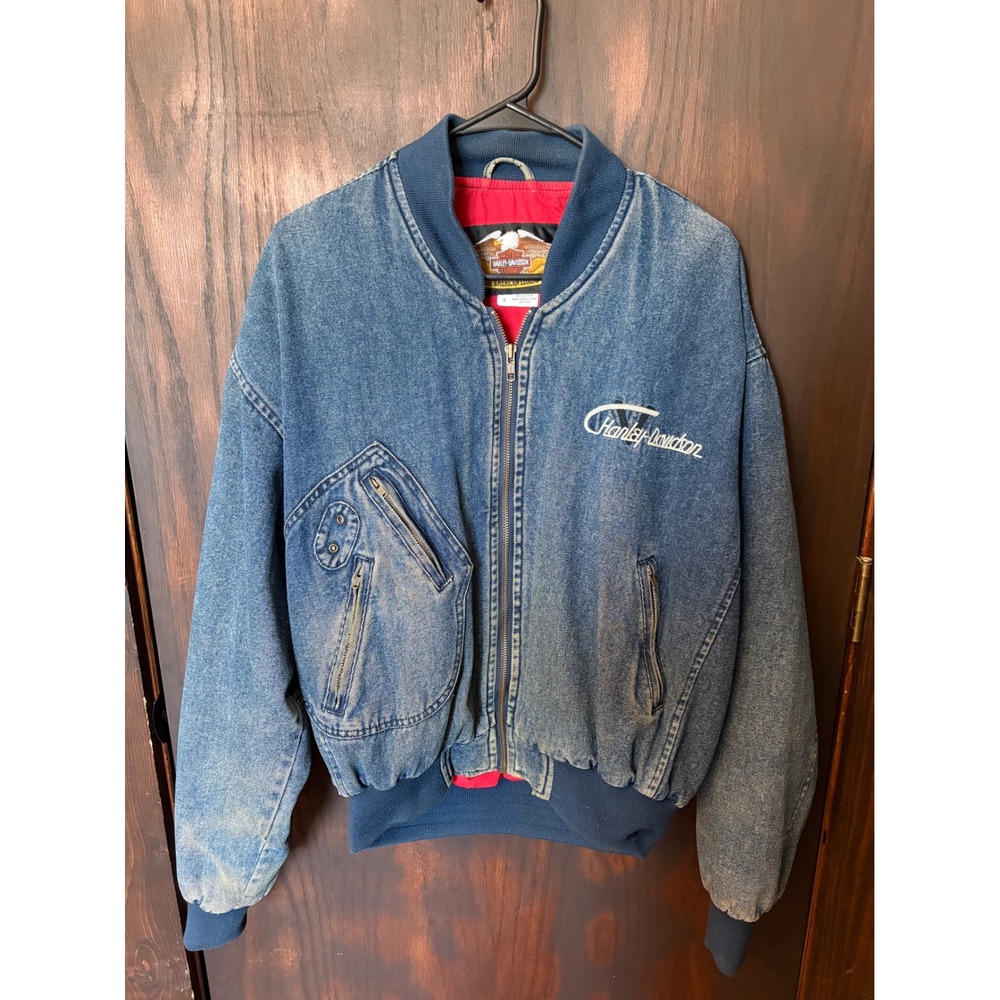 Vintage Harley Davidson Denim Bomber Jacket Blue V-Twin Power Mens Small